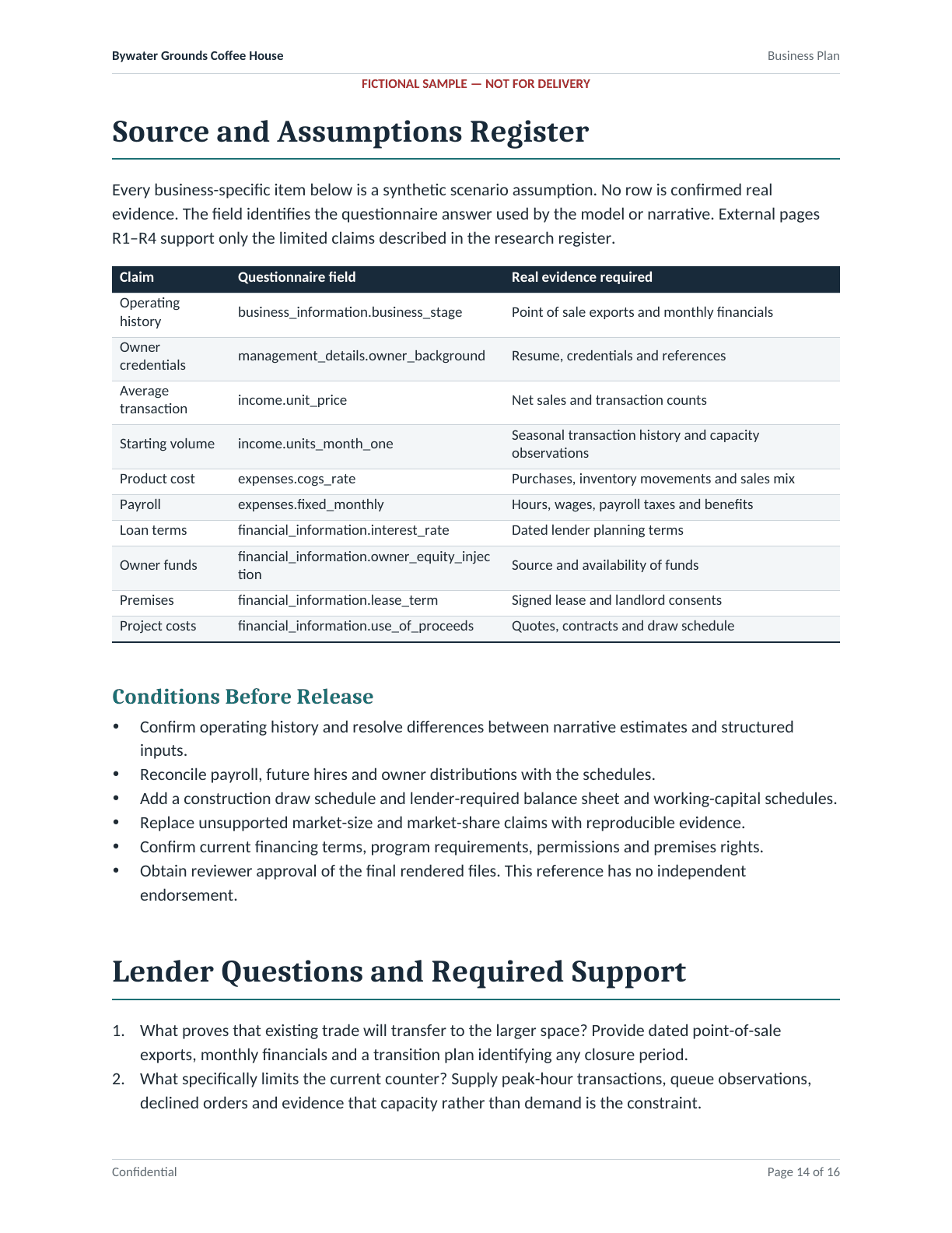Sample page 14: source and assumptions register, listing the real evidence a plan must document for each assumption, and the conditions before release.